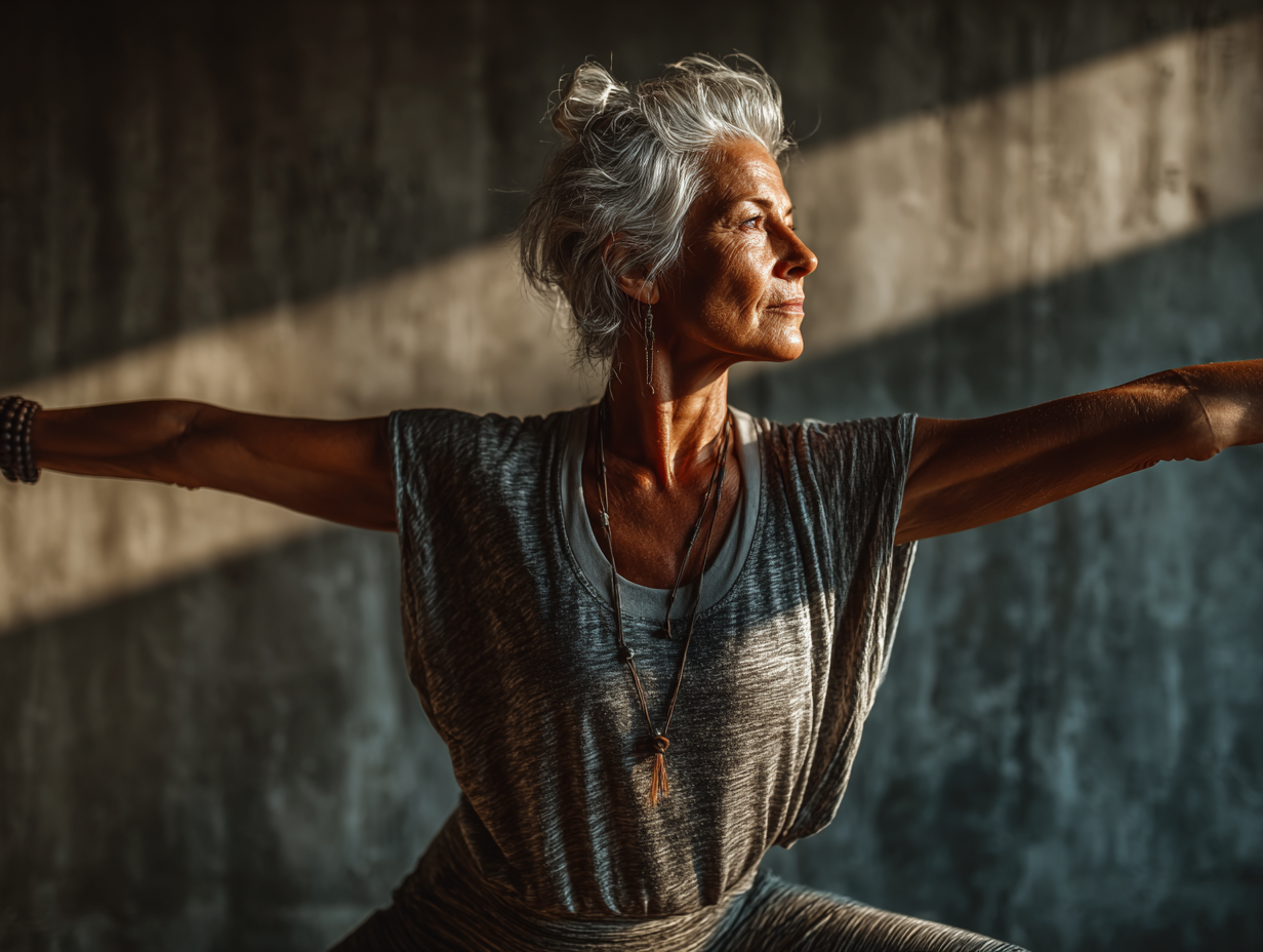 Instructor ajutând o clientă senioră în poziție de yoga